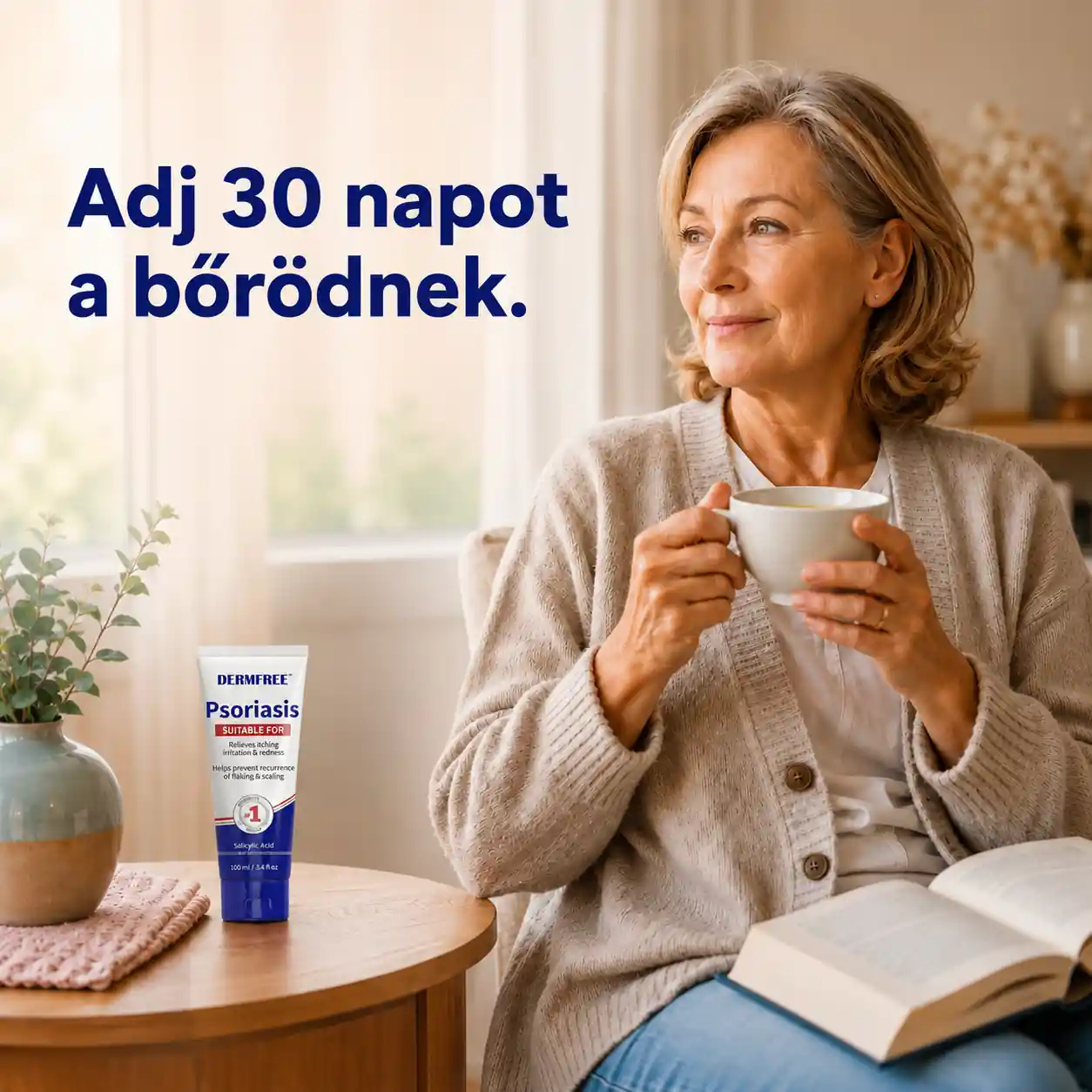 Nyugodt pihenés egy csésze teával, a Dermfree krémmel az asztalon